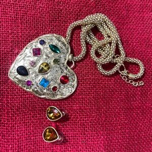 glam Gold-Tone Heart Pendant Necklace with Multicolor Gemstones